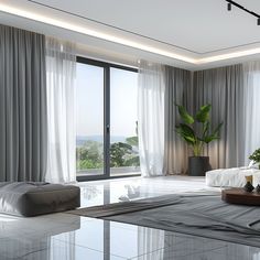 a modern living room with large windows and white curtains on the walls, along with a marble coffee table