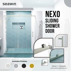 an advertisement for a shower door with the words nexo sliding shower door on it