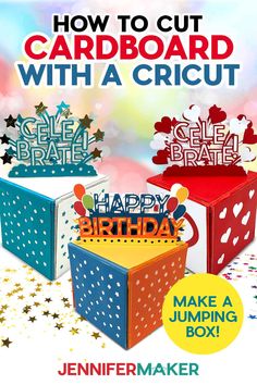 an advertisement for a birthday party with colorful boxes and stars on the side, in front of