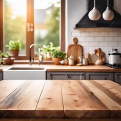 a wooden table in the middle of a kitchen with potted plants on the counter