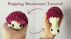 a hand holding a small crocheted mushroom in it's left hand with the words poppig mushroom on top