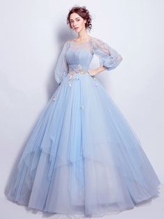 Shop affordable blue ball-gown scoop neck floor-length wedding dress with flowers online. Custom-made any size or color. Pro since 2009. Sky Blue Prom Dress, Fairy Prom Dress, Baju Kahwin, Blue Evening Dress, Medieval Party, Blue Ball Gowns, Special Dress, Light Sky Blue, 파티 드레스