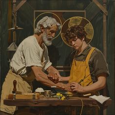 an oil painting of two men working together