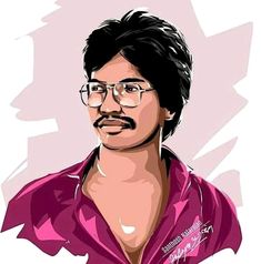 a digital painting of a man with glasses and a mustache on his head, wearing a pink shirt