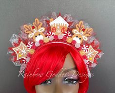 "Oh what fun it is to wear a reindeer gingerbread candy cane wonderland on your head! You will definitely be the life of the party!! This super festive headdress is made up of gingerbread, glitter snowflakes. peppermints, candy gum drops, gems, tulle and metallic leaves. Made on a 1\" white satin headband covered in red sequins trim. Super cute, super sparkly, and oh so fabulous Measurements: Sits about 3.5\" off top of the head About 12\" wide Weighs about 5.6oz Colors: red, brown, yellow, whit White Satin Headband, Glitter Snowflakes, Work Holiday Party, Holiday Headbands, Christmas Hair Accessories, Peppermint Christmas, Satin Headband, Christmas Headband, Gum Drops