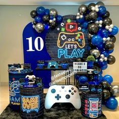 a video game themed birthday party with balloons