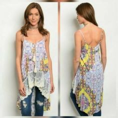 New With Tags Hayden Los Angeles Boho Floral Hi Lo Tank Top. Size Small Perfect For Summer. Yellow Printed Tops For Festival, Yellow Printed Festival Tops, Casual Yellow Tops With Lace Trim, Yellow Lace Trim Sleeveless Top, Yellow Sleeveless Top With Lace Trim, Small Boho, Lace Cami, Tank Top Cami, Boho Floral