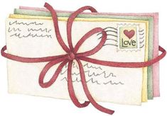 an envelope with a red ribbon tied around it and the word love written on it