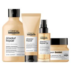 Kit com shampoo, condicionador, mÃ¡scara e Ã³leo para cabelos danificados. L'OrÃ©al Professionnel Absolut Repair Gold Quinoa + Protein Golden Quarteto traz mais leveza na restauraÃ§Ã£o intensiva dos fios para que fiquem saudÃ¡veis, com muito brilho e maciez. O Kit L'OrÃ©al Professionnel Absolut Repair Gold Quinoa + Protein Golden Quarteto atua na reparaÃ§Ã£o da fibra capilar sem pesar para que o cabelo revele uma aparÃªncia mais saudÃ¡vel. Traz ativos que ajudam restaurar a superfÃ­cie dos fios. Quinoa Protein, Loreal Paris, Leave In, Quinoa, Shampoo Bottle, Makeup