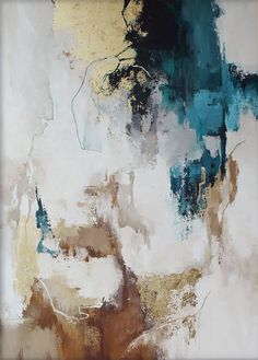 an abstract painting with blue, brown and white colors on it's surface is shown