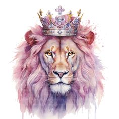 a watercolor painting of a lion wearing a crown