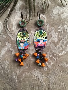 Vibrant enameled elements recalling glorious days in the sun in Cancun.  Colorful Czech glass flowers, tiny metal flowers and Swarovski crystals contribute to the fiesta-like feeling. You can almost feel the tropical sun and hear the beautiful Mexican music.   The ruins of Chichen Itza and Tulum are just a ways down the Pan American Highway. Hand Painted Green Summer Jewelry, Vintage Hand Painted Jewelry For Festival, Artistic Orange Dangle Jewelry, Whimsical Enamel Jewelry For Jewelry Making, Artistic Adjustable Flower Jewelry, Handmade Enamel Flower Jewelry, Adjustable Artistic Flower Jewelry, Unique Enamel Flower Shaped Jewelry, Unique Enamel Flower Jewelry