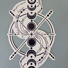 a sticker depicting the seven planets and their names on a gray wall with black writing