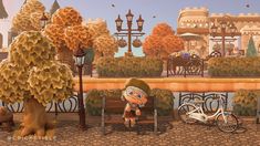 a cartoon character sitting on a bench in front of a park with trees and benches