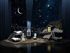 a stage set with bunk beds and stars in the sky