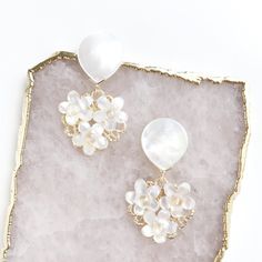 Erika Earrings | Kate and Mari Jewelry Pearl Flower, Mother Pearl, Pearl Studs, A Mother, Mother Of Pearl, Bridal Party, Pearl Necklace, Gold Plate, Gold