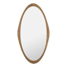 an oval wooden mirror on a white background