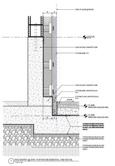 an architectural drawing shows the details of a wall and floor plan for a house with concrete walls