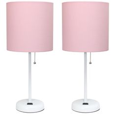 pair of pink lamps with white bases and shades on each lamp, side by side