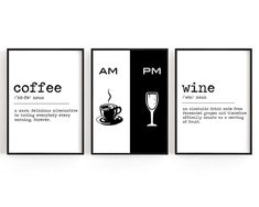 three framed posters with coffee and wine on them