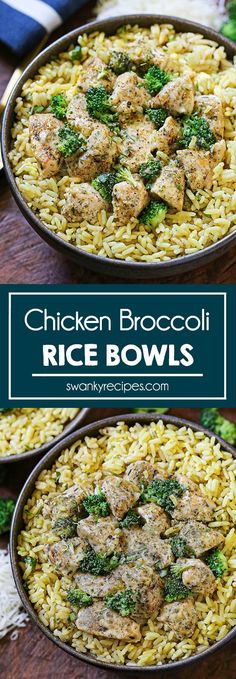 chicken broccoli rice bowls in two pans on top of a wooden table