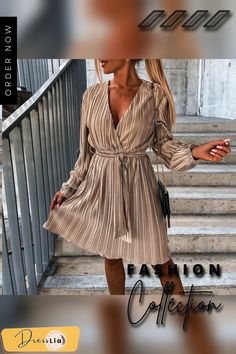 New Fashion Backless Pleated A-line Dress Autumn Casual V Neck Long Sleeve Dress Elegant Solid Lace-up Waist Mini Dress Vestidos Long Sleeve Dress Elegant, V Neck Long Sleeve Dress, Dress Autumn, Women Long Sleeve Dress, Autumn Casual, Casual Lace, Dress Elegant, Office Fashion, Casual Fall