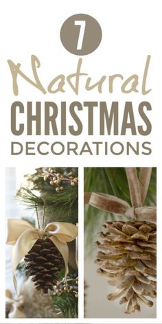 christmas decorations with pine cones and bows on them, including the words natural christmas decorations