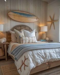 a bedroom with a surfboard above the bed