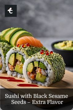 Alaska roll sushi topped with black sesame seeds, served with soy sauce.#SesameSeeds #TextureAndFlavor #SushiUpgrade #SeafoodDelights #JapaneseFood Homemade Pumpkin Spice, Black Sesame Seeds