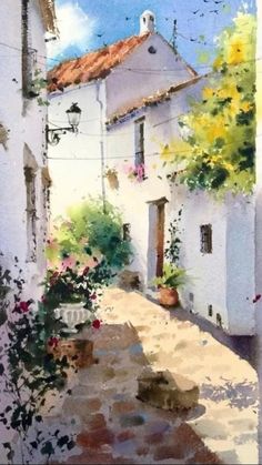 watercolor painting of an alleyway with white buildings and flowers on the side walk