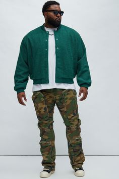 Available In Green. Front Button Closure Side Hand Pockets Ribbed Cuffs And Bottom Hem Shell: 100% Polyester Lining: 100% Polyester Imported | Mens End Up Boucle Varsity Jacket in Green size 3XL by Fashion Nova Green Jacket, Green Fashion, Solid Black, Varsity Jacket, Fashion Nova, Mens Jackets, Green