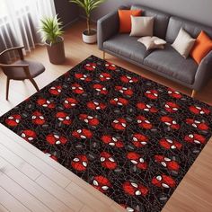 a living room area rug with spiderman's webs on black and red