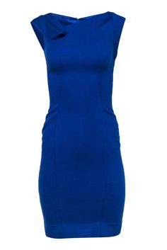 Current Boutique-Karen Millen - Royal Blue Sheath Dress w/ Folded Shoulder Design Sz 4 Blue Fitted Bodycon Dress, Chic Fitted Bodycon Dress For Career, Fitted Blue Bodycon Dress With Back Zipper, Stretch Bodycon Dress For Office, Flattering Elastane Bodycon Dress For Work, Stretch Elastane Bodycon Office Dress, Stretch Elastane Bodycon Dress For Office, Stretch Elastane Bodycon Dress For Work, Office Bodycon Dress