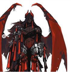 a red and black drawing of a demon with wings on his head, holding two swords