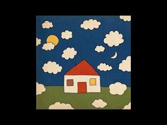 a painting of a house in the middle of a field with clouds and moon above it