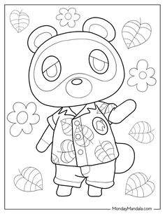 a panda bear coloring page with flowers and leaves in the background, it is black and white