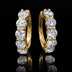 Ross-Simons - 4.00ct t. w. Lab Grown Diamond Five-Stone Hoop Earrings. 3/4". Our timeless five-stone hoop earrings embrace modern, magnificent sparkle! 4.00 ct. t. w. round brilliant-cut lab-grown diamonds decorate pristinely polished 14kt yellow gold loops for optimum shine from every angle. Hanging length is 3/4". Lab-grown diamonds are identical to mined diamonds according to their optical, physical and chemical properties. All Ross-Simons lab-grown diamond jewelry in 14kt gold and platinum i Physical And Chemical Properties, Diamond Huggie Earrings, Round Earrings, Gold Hoop, 14kt Gold, Gold Hoop Earrings, Huggies Earrings, Round Brilliant, Lab Grown