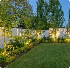 a backyard with grass and trees in the evening time, surrounded by white fenced walls