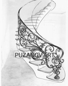 a drawing of a spiral staircase in black and white with the words puzzanov art on it