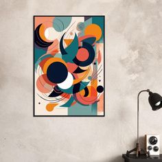 an abstract painting hangs on the wall next to a desk with a lamp and clock