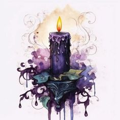 a painting of a lit candle on a table with watercolor drops and swirls around it