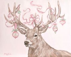 a painting of a deer with christmas ornaments on its antlers and pink ribbon around it's head