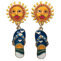 Summer Fun Flip Flop Sun Face Drop Dangle Earrings (Goldtone) Dazzling Drop Earrings For Your Next Visit To The Beach. Each Goldtone Earring Features A Captivating Design At The Top Decorated With Clear Glass Stones. Dangling Below Are A Hip Flip Flop And A Pair Of Sunglasses, Which Is Crafted With Pink, Aqua, Blue Enamel. You Can Put On These Big And Bold Earrings With Post Backings. Wear This Pair With Matching And Skinnies For A Trendy Look! Goldtone Post/Clip Earrings Measures Approximately Multicolor Summer Earrings, Trendy Summer Earrings, Yellow Earrings For Beach In Spring, Fun Blue Jewelry For Summer, Fun Yellow Earrings For Summer, Yellow Earrings For Spring Vacation, Fun Blue Summer Jewelry, Yellow Dangle Earrings For Beach, Blue Earrings For Summer Beach Occasion