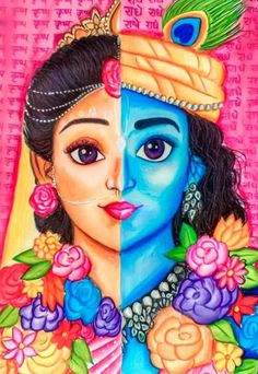 two faces painted in different colors with flowers and leaves on each side, one is blue and the other is pink