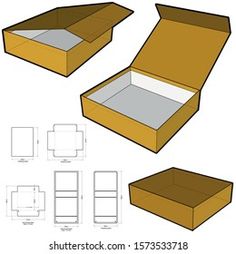 an open cardboard box with three sections cut out to show the inside and side views