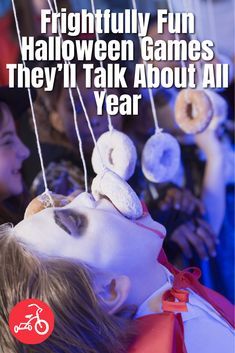 a poster with donuts hanging from strings that say, fightfully fun halloween games they'll talk about all year