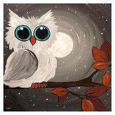 an owl is sitting on a branch in front of the night sky with stars and moon