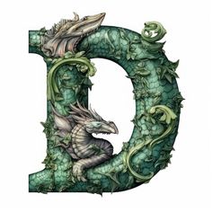 the letter d is made up of green and white dragon designs