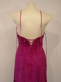 "Vintage 1970s bohemian festival Indian fringe dress with a laced back. Made of purple chamois leather. Has two sets of shoulder straps(not sure if they are displayed correctly). Made by Clifford Olsen, size small. Actual measurements are: Adjustable bust, 29\" around the waist, 34\" around the hips, 44\" overall length(from shoulder straps down to bottom of fringe). In very good condition with a small spot." Hippy Dress, Fashion 1970s, 1970s Dress, Bohemian Dresses, Dress Leather, Bohemian Festival, 1970s Dresses, Fringe Dress, Hippie Dresses