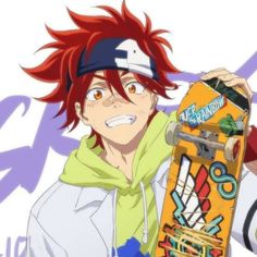 an anime character with red hair holding a skateboard in front of his face and looking at the camera